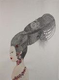 Kyung Jeon, <i>Imagined Korean Updo Side Profile with Flower Tattoo</i>, 2014, pencil, acrylic, gouache on Hanji paper