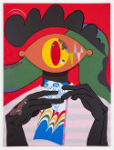 Jeremiah Onifadé, <i>Red Settee </i>, 2020, Acrylic and Garri on canvas