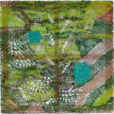 Channing Hansen, <i>Dyschromatopsia_Green</i>, 2021, California Variegated Mutant (Rhea), California Variegated Mutant (Talia), Jersey Wooly (Miss Maple), and Romeldale (January), Romedale (Saffron), fibers; Mulberry silk, Tussah silk; holographic polymers, and photo-luminescent recycled polyester fibers