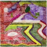 Channing Hansen, <i>Binary Two Step</i>, 2021, California Variegated Mutant (Qassiopeia), California Variegated Mutant (Rhea), California Variegated Mutant (Sriracha), California Variegated Mutant (Talia), Jersey Wooly (Miss Maple), Romeldale (January), and Romedale (Quenby); Mulberry silk, Tussah silk; holographic polymers, and photo-luminescent recycled polyester fibers